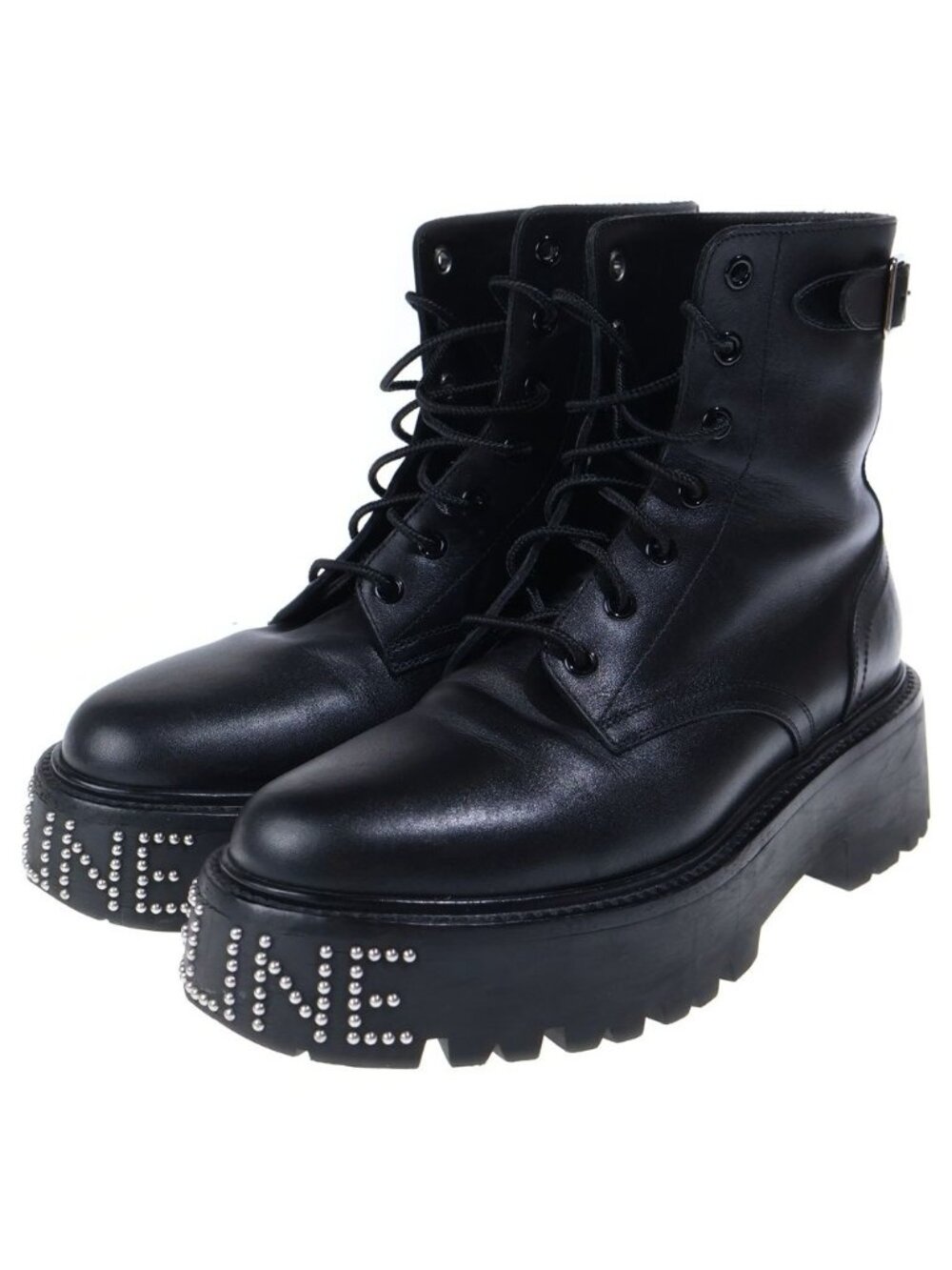 Celine Bulky Studded Logo Leather Lace Up High Cut Shoes Short Boots Black - Picture 2 of 6